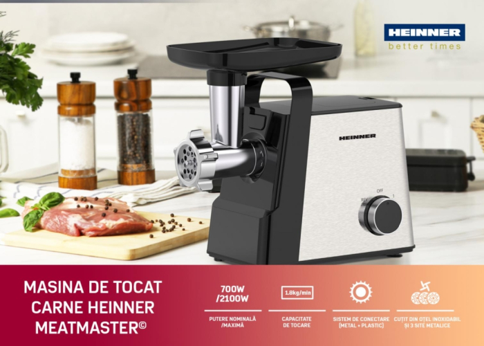Masina de tocat Heinner HMG-2100SS3, 2100W, accesoriu rosii, Kibbe si carnati, capacitate tocare 1.8kg/min, 2 viteze, 3 site metalice, functie reverse, negru/inox [5]