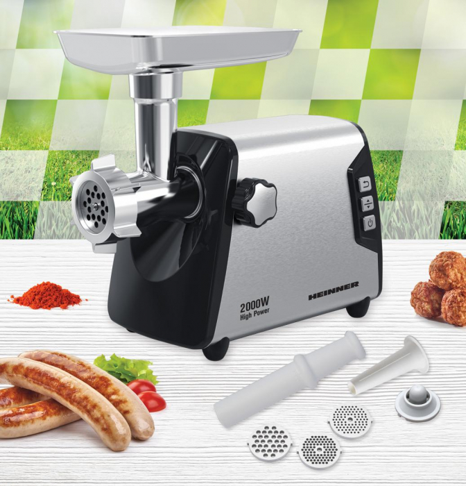 Masina de tocat Heinner HMG-Y2000SS, 2000W, angrenaj metalic si carcasa din aluminiu, capacitate tocare de 3kg/min, cutit inox, 3 site metalice, buton switch cu 2 viteze, functie reverse, carcasa inox [1]
