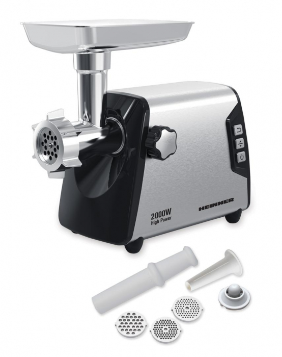 Masina de tocat Heinner HMG-Y2000SS, 2000W, angrenaj metalic si carcasa din aluminiu, capacitate tocare de 3kg/min, cutit inox, 3 site metalice, buton switch cu 2 viteze, functie reverse, carcasa inox [2]