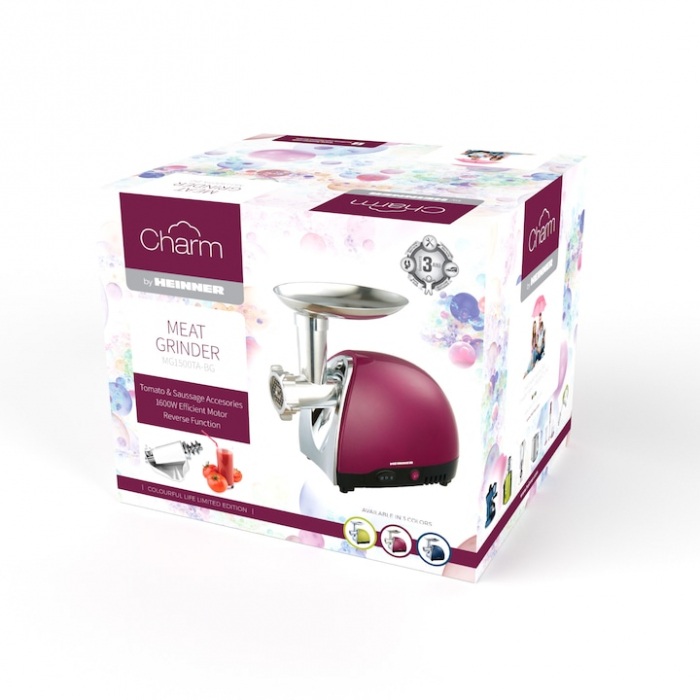 Masina de tocat Heinner MG1500TA-BG, 1600 W, Accesoriu pentru rosii si carnati, Cutit inox, Visiniu sidefat [2]