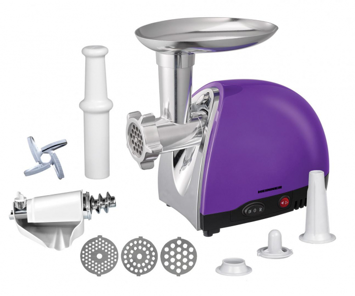 Masina de tocat Heinner MG1600TA-UV, 1600 W, accesoriu rosii si carnati, 3 site de taiere, cutit inox, Violet [1]