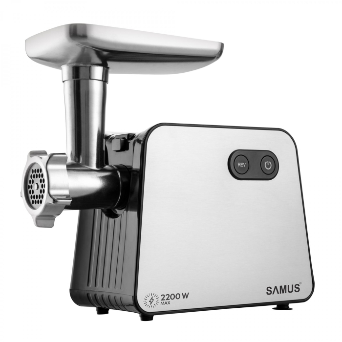 Mașină de tocat carne Samus SMT2200X, 2200W, 1.8 kg/min, 3 site inox (3/5/7 mm), accesorii cârnați și kibbe, separator roșii, funcție revers, negru/inox [2]