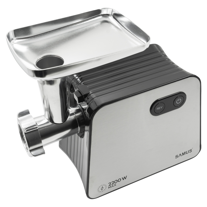 Mașină de tocat carne Samus SMT2200X, 2200 W, 3 site (3/5/7 mm), funcție revers, accesorii cârnați și kibbe, separator de roșii, Negru/Inox [3]