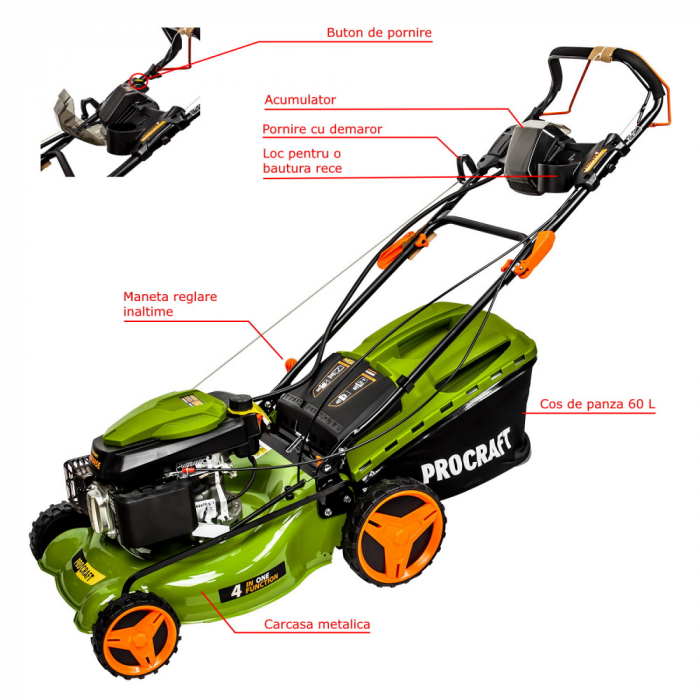 Masina de tuns gazonul Procraft PLM505E, Autopropulsie, Pornire electrica, Benzina, 4.4 CP, 3000 rot/min, 173 cc, cutit rezerva [2]