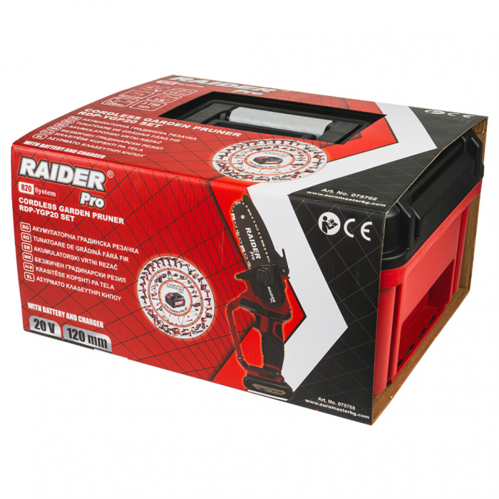 Mini-fierăstrău Raider Pro RDP‑YGP20, 20 V, 120 mm, pas lanț 1/4", 2 Ah, tensionare rapidă fără cheie [7]