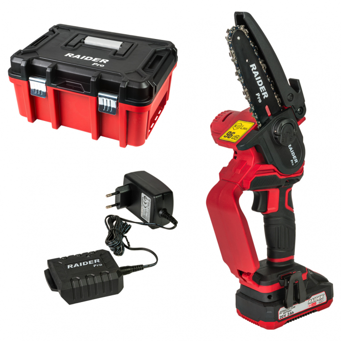 Mini-fierăstrău Raider Pro RDP‑YGP20, 20 V, 120 mm, pas lanț 1/4", 2 Ah, tensionare rapidă fără cheie [1]