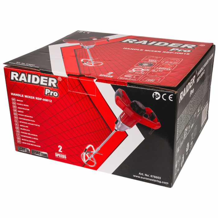 Mixer electric Raider RDP‑HM12, 1600 W, 2 viteze (180–750 rpm), bără M14, Ø120 mm [5]