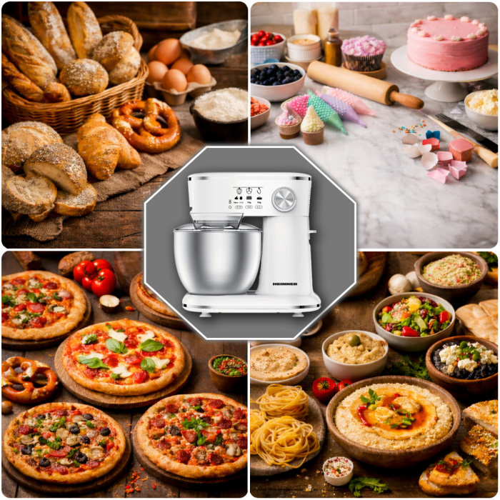 Mixer Planetar Heinner HPM-1000WHCH, 1000 W, Bol Inox 5 L, 10 Viteze, Tel, Cârlig Frământare, Paletă Amestecare, Capac Protecție, Alb [12]