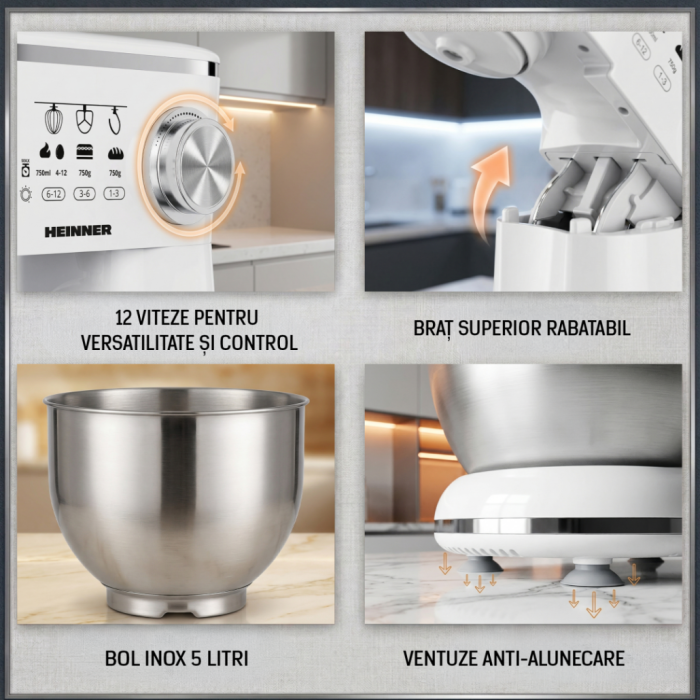 Mixer Planetar Heinner HPM-1000WHCH, 1000 W, Bol Inox 5 L, 10 Viteze, Tel, Cârlig Frământare, Paletă Amestecare, Capac Protecție, Alb [10]