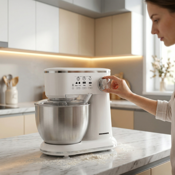 Mixer Planetar Heinner HPM-1000WHCH, 1000 W, Bol Inox 5 L, 10 Viteze, Tel, Cârlig Frământare, Paletă Amestecare, Capac Protecție, Alb [6]