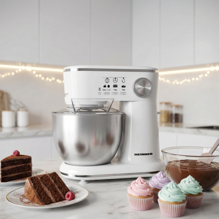 Mixer Planetar Heinner HPM-1000WHCH, 1000 W, Bol Inox 5 L, 10 Viteze, Tel, Cârlig Frământare, Paletă Amestecare, Capac Protecție, Alb [3]