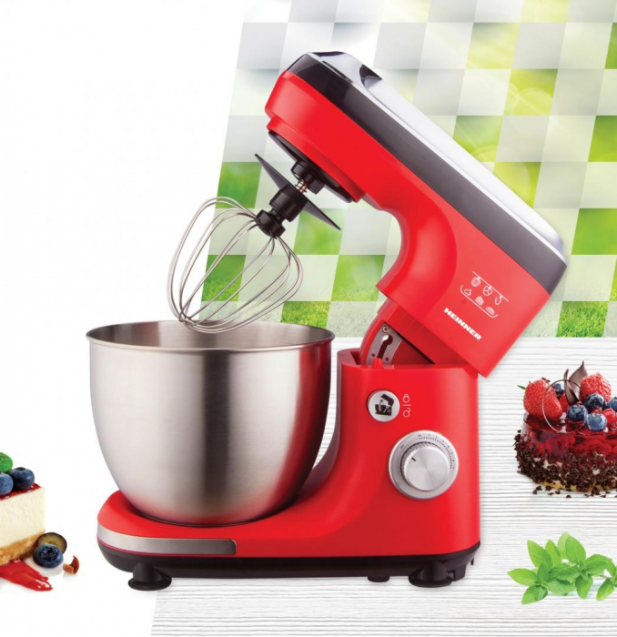 Mixer planetar Heinner HPM-600RD, 600 W, miscare eliptica, bol inox 5 L, paleta si carlig din aluminiu turnat, Rosu/Negru [2]