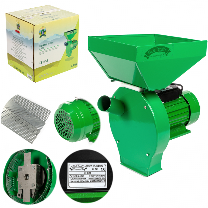 Moara electrica pentru cereale cu suport, 2.5kw, 3000 Rpm, 4 site, 20 ciocanele, buton, Micul Fermier GF-0758 [10]