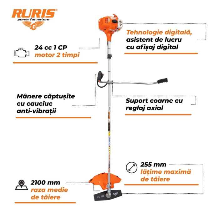 Motocoasă RURIS RR240 BRAVO, 24 cc, 1 CP, motor KHUMMA, arbore flexibil, mâner ergonomic cu reglaj axial, autocut și cuțit 2 dinți [3]
