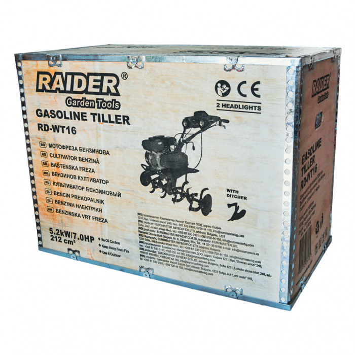 Motocultor Raider RD‑WT16, 7 CP (5,2 kW), far, lățime reglabilă 300–1200 mm, 2+1 viteze, 2 faruri [14]