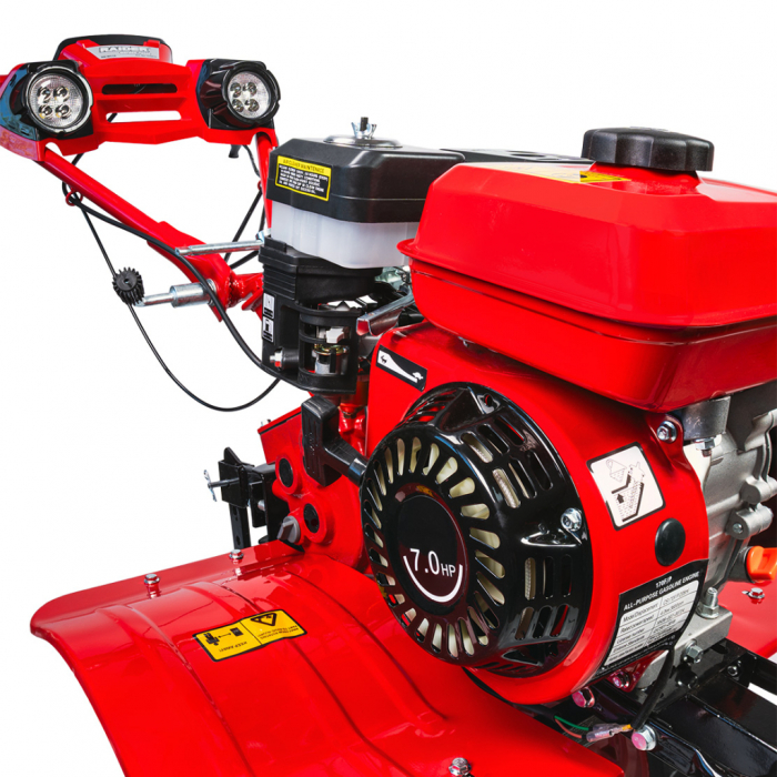 Motocultor Raider RD‑WT16, 7 CP (5,2 kW), far, lățime reglabilă 300–1200 mm, 2+1 viteze, 2 faruri [9]