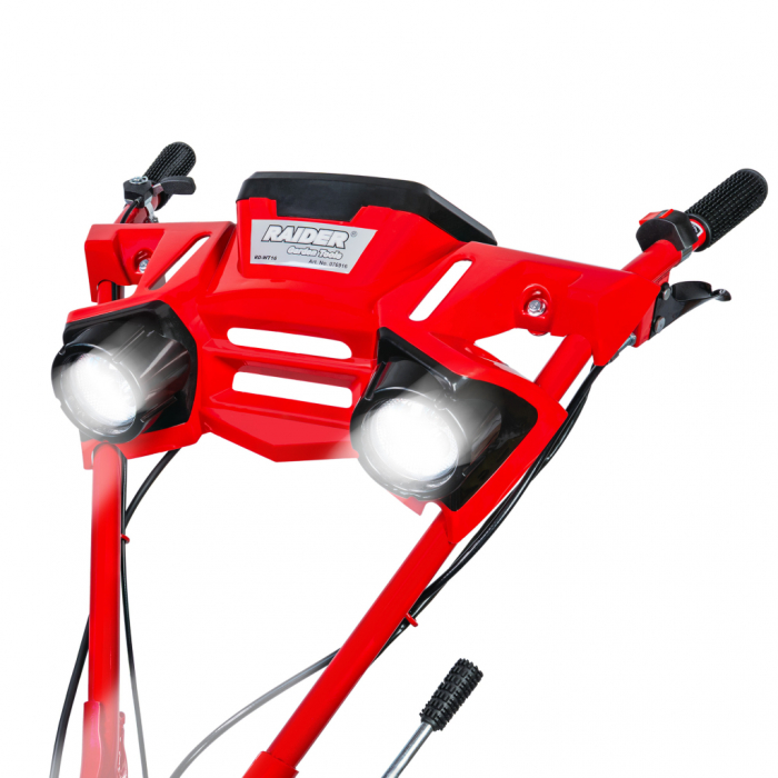 Motocultor Raider RD‑WT16, 7 CP (5,2 kW), far, lățime reglabilă 300–1200 mm, 2+1 viteze, 2 faruri [4]