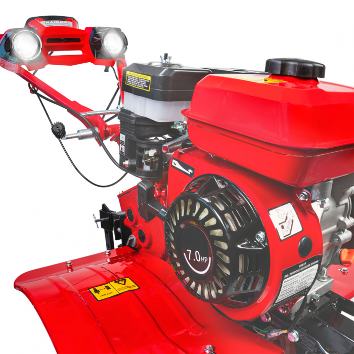 Motocultor Raider RD‑WT16, 7 CP (5,2 kW), far, lățime reglabilă 300–1200 mm, 2+1 viteze, 2 faruri [8]
