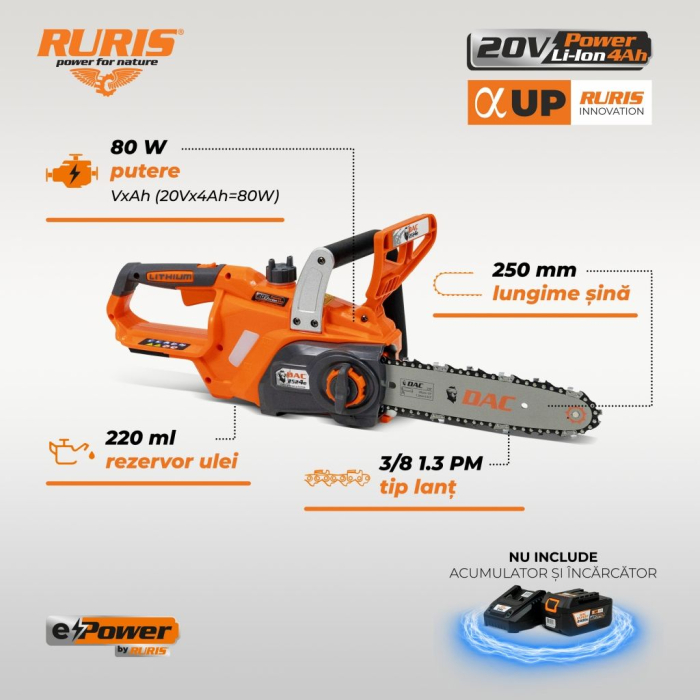 Motoferăstrău electric fără fir DAC 2524e, motor Brushless, 20V, șină 250 mm, rezervor ulei 220 ml, până la 54 tăieri [2]