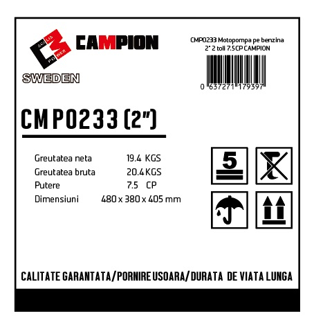 Motopompa pe benzina 2 toli 7.5CP, 4 timpi, 196 CC, CAMPION CMP0233 [3]