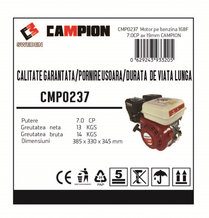 Motor universal pe benzina CMP0237, 7 CP OHV, 168F, ax 20 mm, 4 timpi, Campion [4]