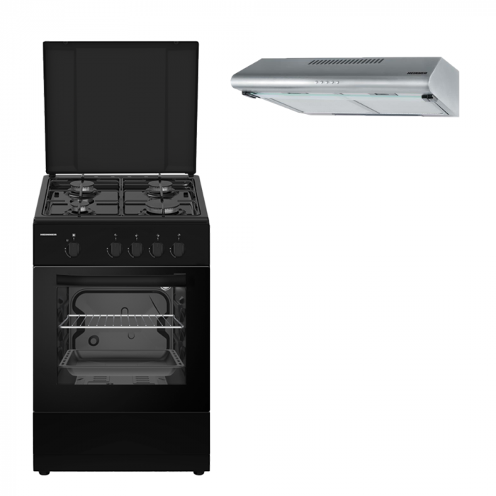 Pachet Aragaz 4 Arzatoare, 50x50 cm, Siguranță Flacără, Capac Metalic, Negru + Hotă Inox, 60 cm, 2 Motoare, 326.4 m³/h, LED [1]