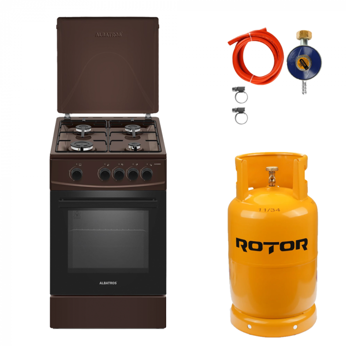 Pachet Aragaz Albatros AL452MBS Maro cu Butelie GPL 26L și Regulator Gaz – 4 Arzătoare pe Gaz, Cuptor pe Gaz, Siguranță Plită + Cuptor, Geam Dublu la Cuptor, Tava și Grătar Cuptor [1]