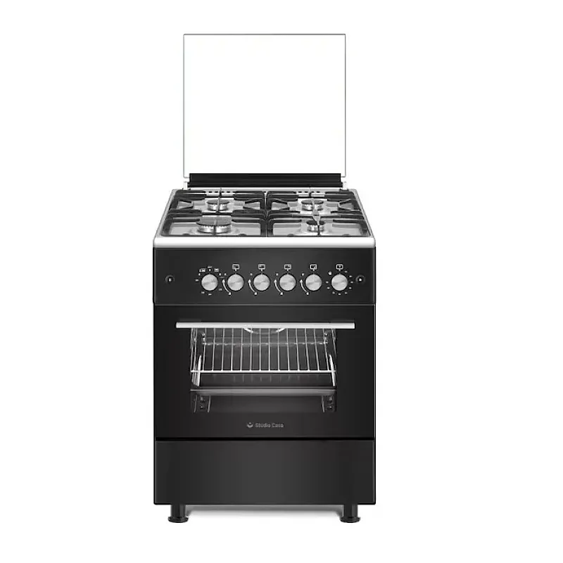 Pachet aragaz clasic 4 arzatoare gaz Studio Casa Glam Marco si, Cuptor gaz, Rotisor, Ventilator, Grill gaz, Aprindere electrica, Gratare fonta, Negru, Hota decorativa sticla neagra [2]