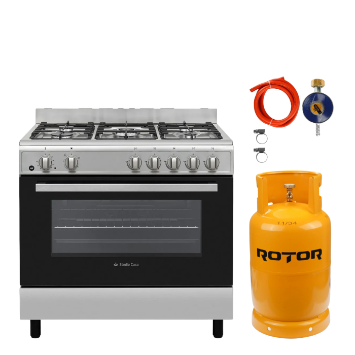Pachet Aragaz clasic 5 arzatoare gaz, Cuptor gaz, 90x60 cm, Studio Casa , Tivoli, grill electric , rotisor, aprindere electrica+  Butelie GPL 26L, Ceas Regulator, Furtun 2m și 2 Coliere [1]