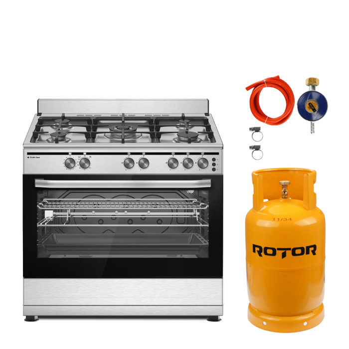 Pachet Aragaz clasic 5 arzatoare gaz, cuptor gaz, Studio Casa, GRAND CUCINA GC90 New, Inox, Grill, WOK, Rotisor+ Butelie GPL 26L, Ceas Regulator, Furtun 2m și 2 Coliere [1]