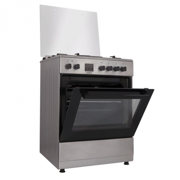 Pachet Aragaz electric / gaz Samus SM663AENS Inox, 4 arzatoare pe gaz, 1 arzator Wok, cuptor electric,  ventilator, aprindere electrica plita+ Butelie GPL 26L, Ceas Regulator, Furtun 2m și 2 Coliere [9]