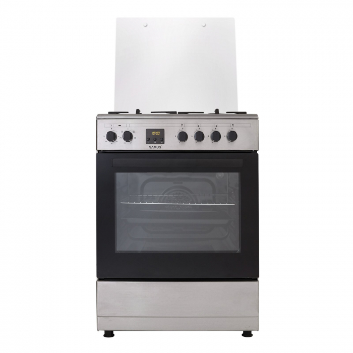 Pachet Aragaz electric / gaz Samus SM663AENS Inox, 4 arzatoare pe gaz, 1 arzator Wok, cuptor electric,  ventilator, aprindere electrica plita+ Butelie GPL 26L, Ceas Regulator, Furtun 2m și 2 Coliere [7]
