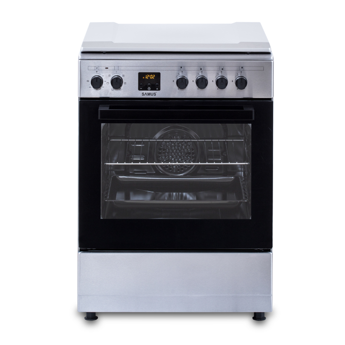 Pachet - Aragaz electric / gaz Samus SM663AENS Inox, 4 arzatoare pe gaz, 1 arzator Wok, cuptor electric, Inox + Hota incorporabila Samus HS6060TX, 600 mc/h, 1 motor, latime 60 cm, 2 trepte, Inox [10]