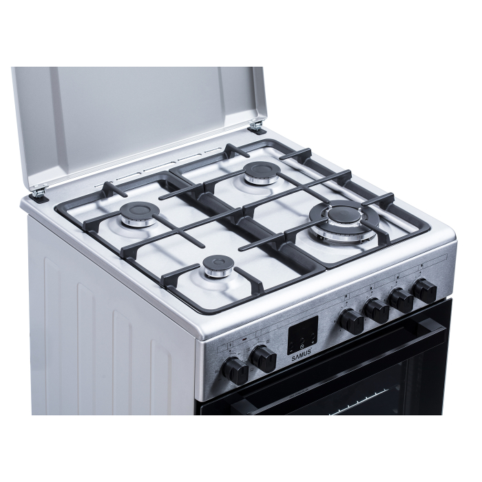 Pachet - Aragaz electric / gaz Samus SM663AENS Inox, 4 arzatoare pe gaz, 1 arzator Wok, cuptor electric, Inox + Hota incorporabila Samus HS6060TX, 600 mc/h, 1 motor, latime 60 cm, 2 trepte, Inox [12]