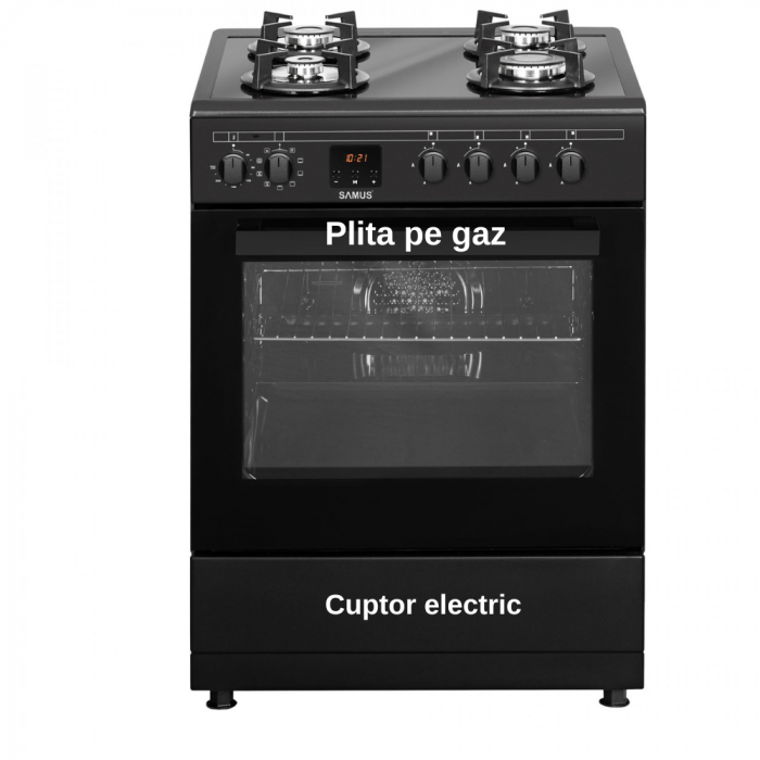 Pachet Aragaz electric / gaz Samus SM665AENS, 4 arzatoare pe gaz, cuptor electric, latime 60 cm, aprindere electrica plita+ Butelie GPL 26L, Ceas Regulator, Furtun 2m și 2 Coliere [2]