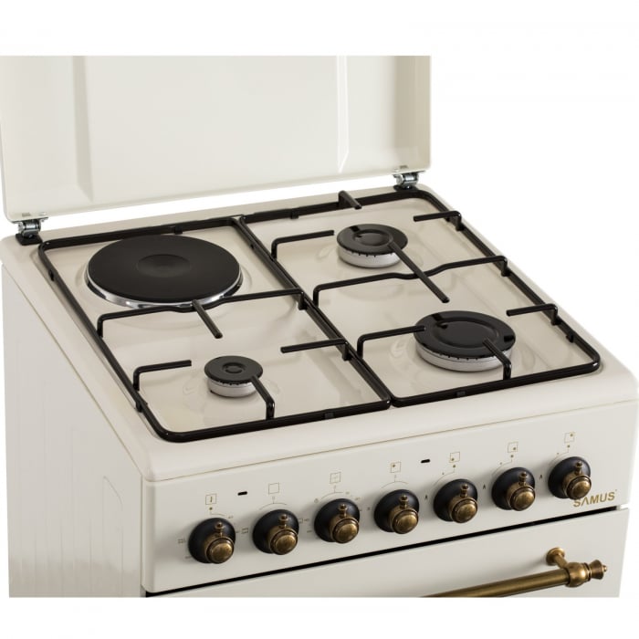 Pachet - Aragaz electric / gaz Samus SR550EL3C, 3 arzatoare gaz + 1 arzator electric, cuptor electric, aprindere electrica, dispozitiv siguranta arzatoare gaz + Hota decorativa Samus HS604DHR, Putere  [4]