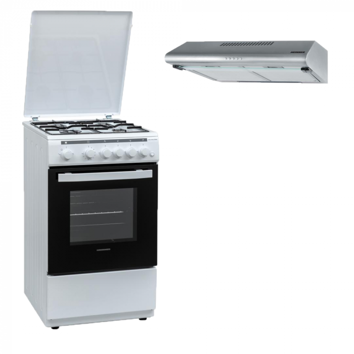 Pachet - Aragaz Heinner, 4 arzatoare, Gaz + GPL, Timer, Grill, Rotisor, 60 cm + Hotă Inox, 60 cm, 2 Motoare, 326.4 m³/h, LED [1]
