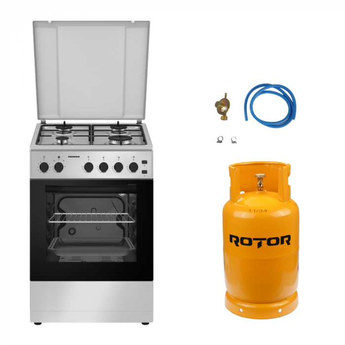 Pachet - Aragaz Heinner HFSC-S50LITG-SL, 4 arzatoare, Gaz, Aprindere electrica, Timer, Grill, 50 cm, Argintiu + Butelie GPL 26L [1]