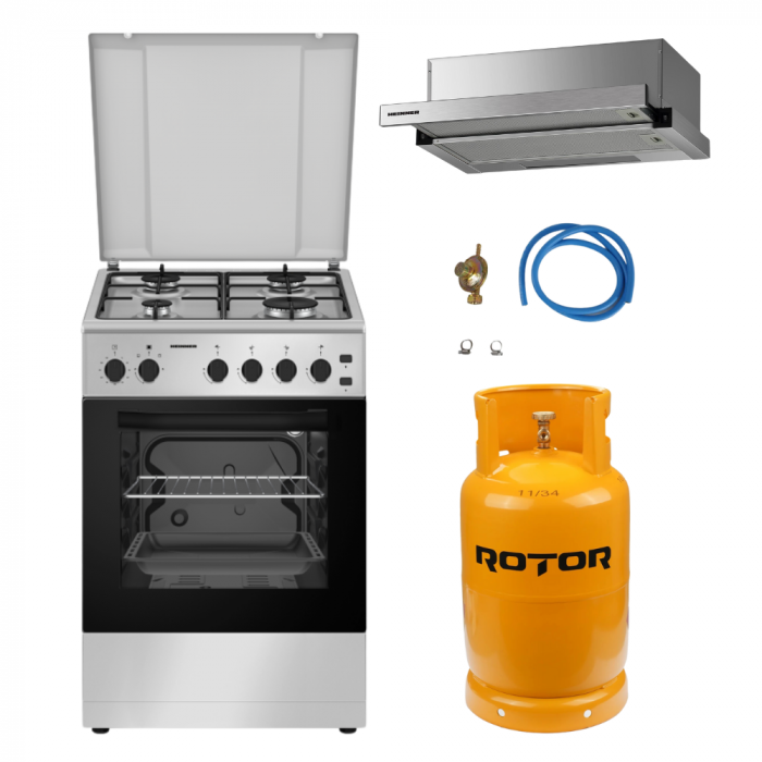 Pachet - Aragaz Heinner HFSC-S50LITG-SL, 4 arzatoare, Gaz + GPL, Aprindere electrica, Timer, Grill, 50 cm, Argintiu + Butelie GPL 26L + Hota telescopica, absorbție 358.4 m3/h [1]