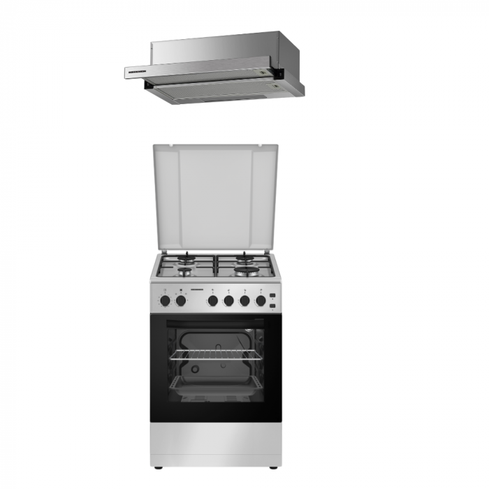 Pachet - Aragaz Heinner HFSC-S50LITG-SL, 4 arzatoare, Gaz + GPL, Aprindere electrica, Timer, Grill, 50 cm, Argintiu + Hota telescopica, absorbție 358.4 m3/h [1]