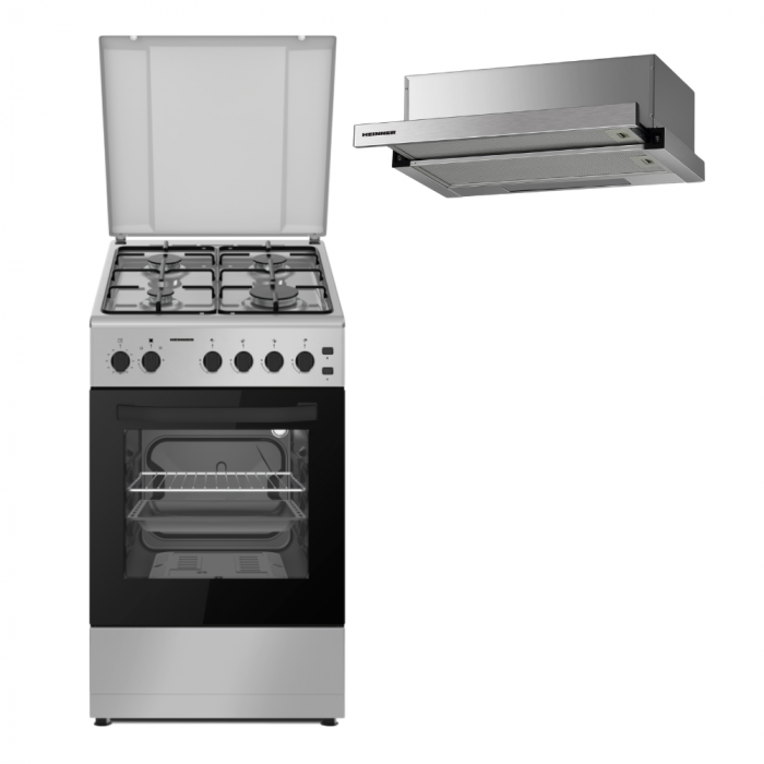 Pachet - Aragaz Heinner HFSC-S60LITGSL, Gaz,  Aprindere electrică, Timer, Grill, Lumina cuptor, Duze GPL, Argintiu, 50x60 cm + Hotă Inox, 60 cm, 2 Motoare, 326.4 m³/h, LED [1]