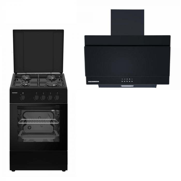 Pachet - Aragaz Heinner HFSC-SME50BK, GPL, Dispozitiv siguranta plita si cuptor, 50 cm + Hota DCH-350RGBK, Putere absorbtie 276.6 mc/h, Clasa B, 60 cm, Sticla neagra [1]