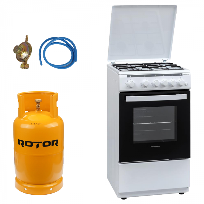 Pachet - Aragaz Heinner HFSC-V50LITWH, 4 arzatoare, Gaz, Aprindere electrica, Timer, 50 cm, Alb + Butelie GPL 26L [1]