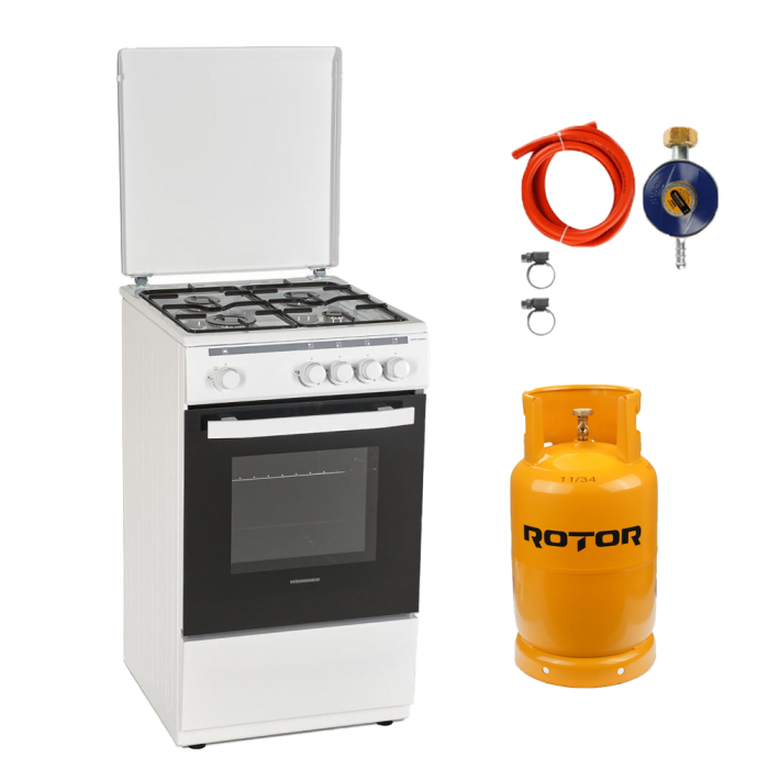 Pachet Aragaz Heinner HFSC-V50WH (4 Arzătoare, Culoare Albă) + Butelie GPL 26L, Metalică, cu Guler de Protecție, Duze GPL Incluse, 50x50 cm [1]