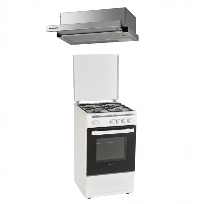 Pachet - Aragaz Heinner HFSC-V50WH, 4 arzatoare, Gaz, 50 cm, Alb + Hota Heinner HTCH-F400IX, Putere de absorbtie 358.4 mc/h, 1 motor, 60 cm, Inox [1]