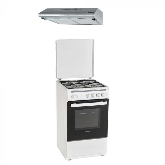 Pachet - Aragaz Heinner HFSC-V50WH, 4 arzatoare, Gaz, 50 cm, Alb + Hota Heinner XCH-450S, absorbtie 323 mc/h, 2 motoare, 60 cm, Inox [1]
