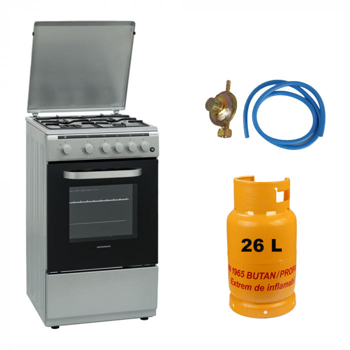 Pachet - Aragaz Heinner HFSC-V60LITSL, Gaz, Aprindere electrica, Dispozitiv siguranta plita si cuptor, Timer, Duze incluse, 50 cm, Argintiu + Butelie GPL 26L [1]