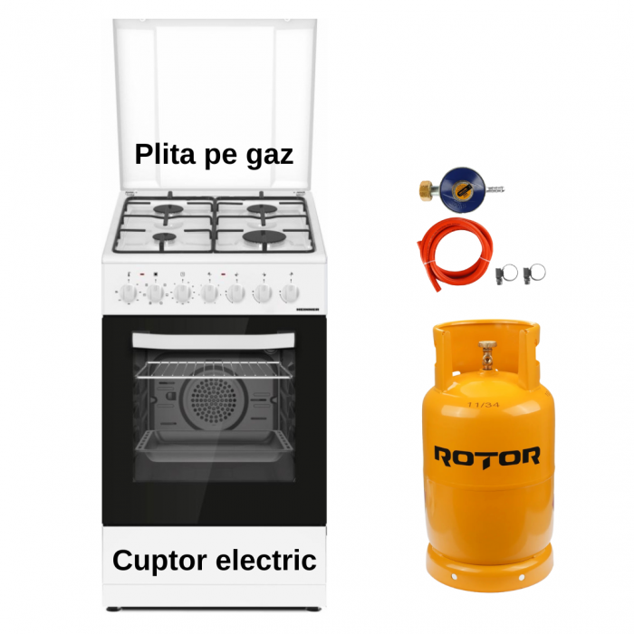 Pachet - Aragaz mixt Heinner HFSC-S60LITGC-WH, 4 arzatoare, aprindere electrica plita, cuptor electric, clasa A, timer, grill, ventilatie, 50x60 cm, Alb + Butelie GPL 26L, Ceas Regulator [1]