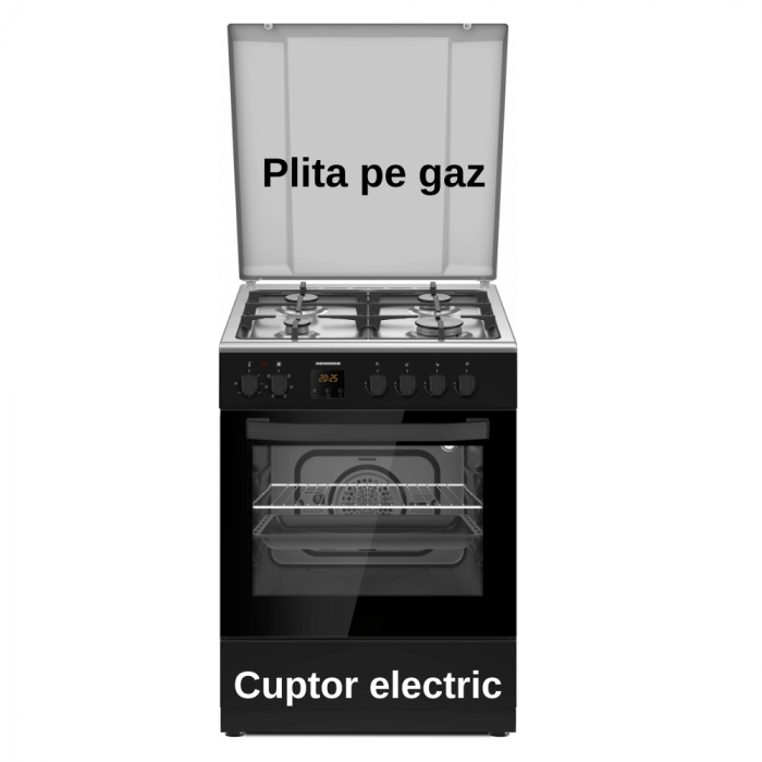 Pachet Aragaz Mixt Heinner HFSC-S66FDCC-IBK, 60x60 cm, Grill, Autocurățare Catalitică, Negru+ Butelie GPL 26L, Ceas Regulator, Furtun 2m și 2 Coliere [3]