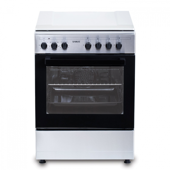 Pachet Aragaz Mixt Samus SM662AENS1, 4 Arzătoare Gaz, Arzător WOK, Cuptor Electric 56L, 7 Funcții, Grill, Timer, Inox+ Butelie GPL 26L, Ceas Regulator, Furtun 2m și 2 Coliere [9]